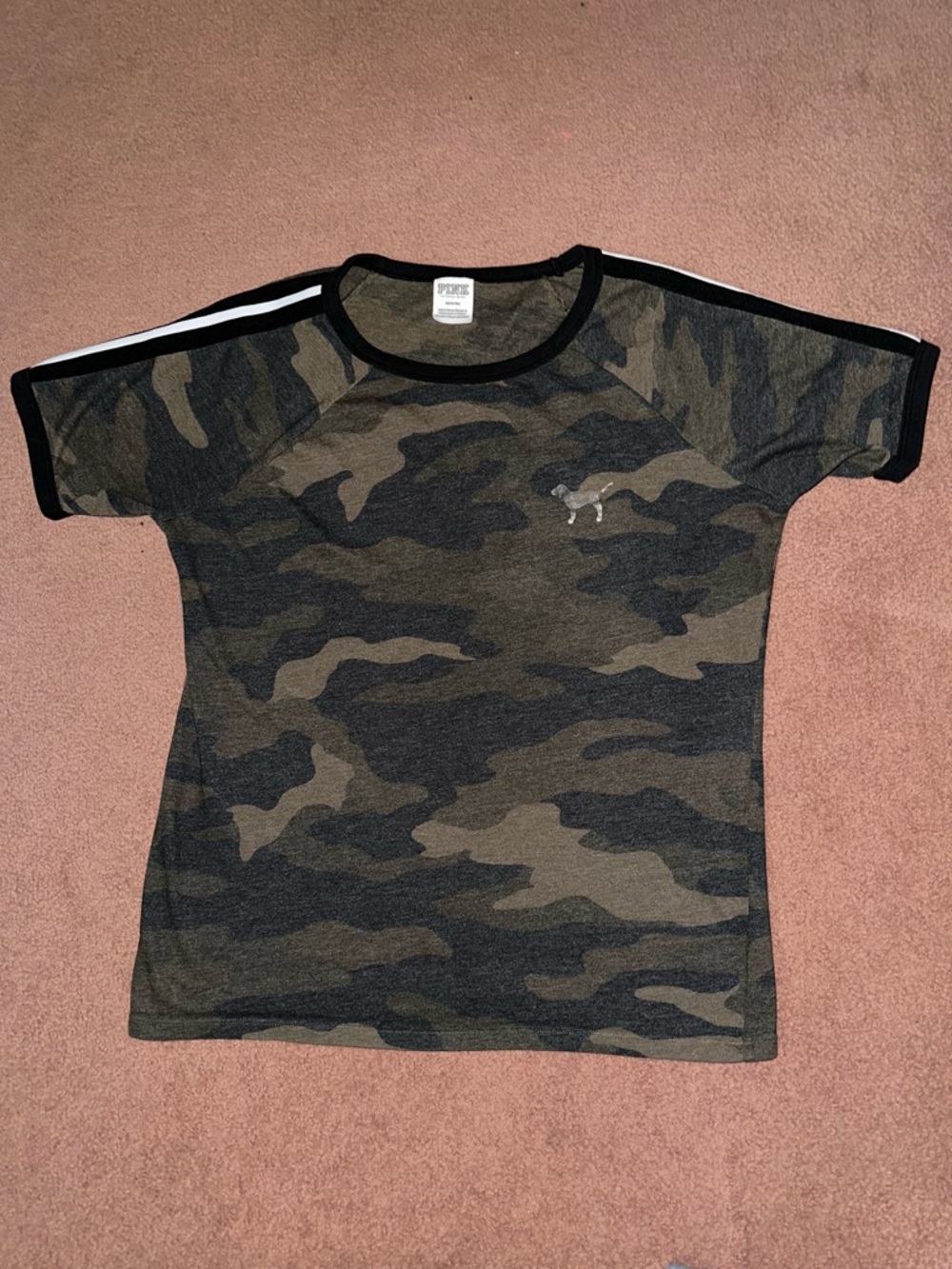 PINK Victoria's Secret Camo Short Sleeve Tee with Black Trim and White Stripe